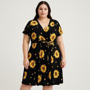 Torrid Womens Studio Knit Surplice Dress Sunflower Floral Stretch Size 3X